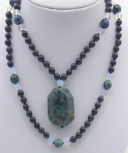 Emerald Forest Mala- Blue Goldstone, Opalite & Azurite Accents, Opalite Guru, Apatite Pendant