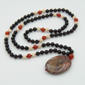 Onyx, Carnelian & Riverstone Accents, Rainbow Agate Pendant Mala