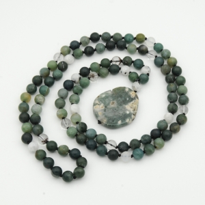 Moss Agate, Moonstone & Phantom Quartz Accents, Jasper Pendant Mala