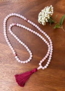 Rose Quartz, Rhodolite Spacers, Rose Quartz Guru Tibetan Mala