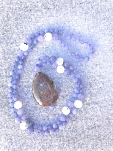 "Alchemic Moonbows" Tanzanite Quartz, Rainbow Moonstone Accents & Guru, Rainbow Agate Pendant Mala