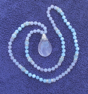 "Angelic Blessings" Aquamarine, Rose Quartz, Sparkle Accents, Rose Quartz Pendant Mala