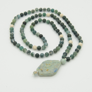 "Cascading Brook" Moss Agate, RIverstone Accents, Azurite Pendant Mala