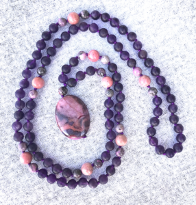 Amethyst, Rhodolite & Laguna Lace Agate Accents, Sugilite Pendant Mala