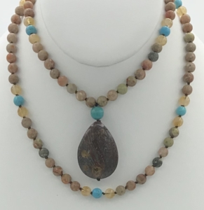 Emerald Forest Mala- Blue Goldstone, Opalite & Azurite Accents, Opalite Guru, Apatite Pendant