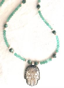 Aventurine, Riverstone & African Turquoise Accents, Hamsa-Hand Pendant Mala