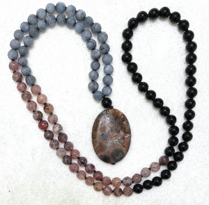 Grey Jade, Strawberry Quartz, Black Obsidian, Desert Creek Petrified Agate Pendant Mala