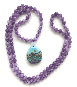 "Conscious Wave" Purple Agate, White Quartz Guru, Lampwork Glass Pendant Mala