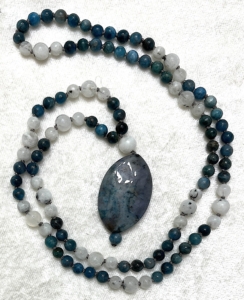 "Dharma Dreams" Apatite, Moonstone Accents & Guru, Jasper Pendant Mala