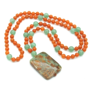 "Fertile Earth" Red Aventurine, Green Aventurine Accents, Snakeskin Jasper Pendant Mala