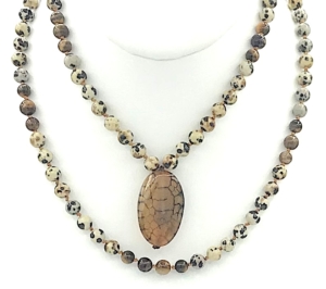 "Fire & Ice" Dalmation Stone, Tiger Eye Accents, Fire & Ice Agate Pendant Mala