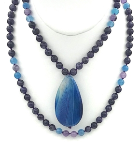 "Galactic Disk" Kiwi Lapis, Amethyst & Aventurine Accents, Blue Agate Pendant Mala