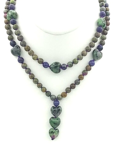 Anyolite (Ruby Zoisite) Heart & Kiwi Lapis Accents, Anyolite (Ruby Ziosite) Heart Pendants Mala