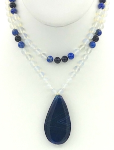 "Glacial River" Rock Quartz, Lapis & Blue Goldstone Accents, Dark Blue Agate Pendant Mala