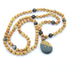 "Golden Spirit Orbs" Sandalwood, Flower Jasper Accents, Ocean Jasper Pendant Mala