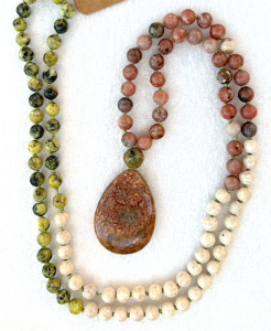 "Graceful Gaia" Chili Jasper, Riverstone, Yellow Turquoise, African Turquoise Guru, Jasper Pendant Mala