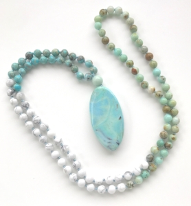 "Immanent Sky" Turquoise Jasper, Howlite, Mongolian Jasper, Mongolian Jasper Guru, Dragon Skin Agate Pendant Mala