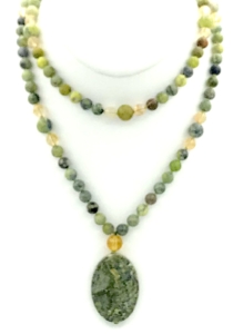 Serpentine, Citrine and African Jasper Accents, Citrine Guru, Lizardite Pendant Mala