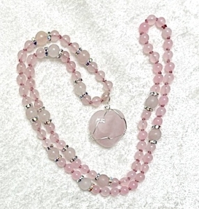 "Joyous World" Rose Quartz, Rose Quartz & Sparkle Accents, Rose Quartz Heart Pendant Mala