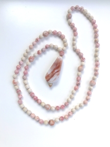 "Lemurian Goddess" Rhodochosite, Riverstone, Pink Web Jasper Accents & Pendant Mala