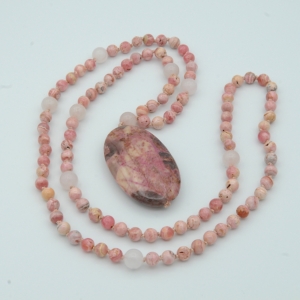 "Lemurian Goddess" Rhodochrosite, Rose Quartz, Petrified Palm Pendant Mala