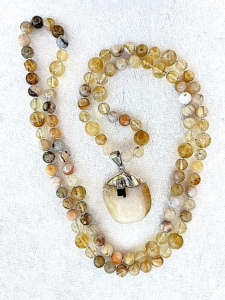 Bamboo Agate, Citrine Accents, Citrine with Black Tourmaline Pendant Mala