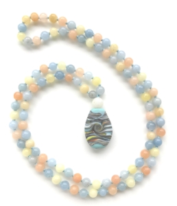 "Misty Valleys" Blue/Yellow/Pink Agate, Aventurine Guru, Lampwork Glass Pendant Mala