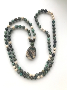 African Turquoise, Riverstone, African Turquoise Guru, Lampwork Glass Pendant Mala