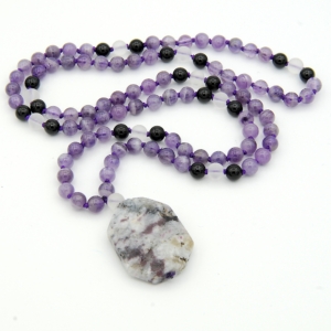 "New Realities" Amethyst, Onyx & Rock Quartz Accents, Ruby Tourmaline Pendant Mala