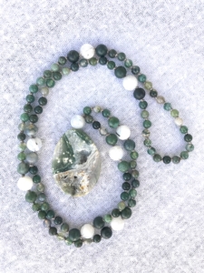 "Ocean of Love" Moss Agate, Moonstone Accents, Ocean Jasper Pendant Mala