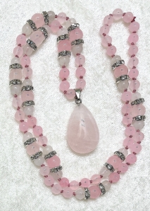 Rose Quartz, White Jade, Rose Quartz & Sparkle Accents, Rose Quartz Teardrop Pendant Mala