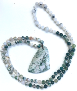 Tree Agate, Moss Agate, Moonstone, Tree Agate Pendant Mala