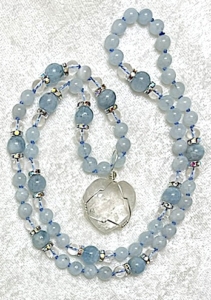 "Play of the Divine" Aquamarine, Crystal Quartz & Sparkle Accents, Crystal Quartz Heart Pendant Mala