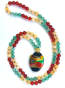 Carnelian, Yellow & Green Aventurine, Aventurine Guru, Lampwork Glass Pendant Mala