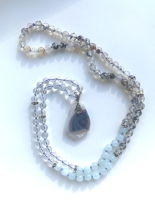 "Rhythmic Rain" Crystal Quartz, Aquamarine, Agate, Blossom Agate Pendant Mala