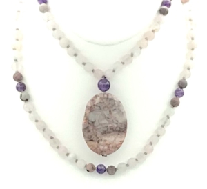 Rose Quartz, Amethyst & Picture Jasper Accents, Amethyst Guru, Pink Zebra Jasper Pendant Mala