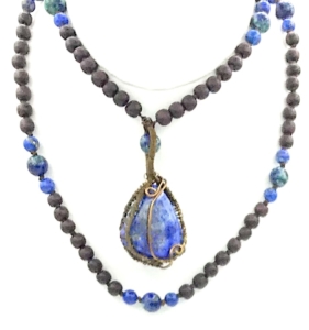 Chocolate Wood, Lapis & Azurite Accents, Lapis Wrapped Pendant Mala