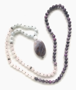 Aquamarine, Rose Quartz, Laguna Lace, Sparkle Accents, Moonstone Guru, Agate Pendant Mala