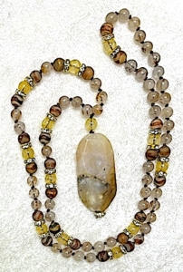 Rutilated Quartz, Tibetan Agate, Citrine, Russian Lace Agate Pendant Mala