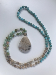 "Silent Sanctuary" Mongolian Opal, Turquoise Jasper, African Opal, Picture Jasper Guru, Ocean Jasper Pendant Mala