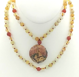 Flower Jade, Citrine & Carnelian Accents, Carnelian Guru, Red Creek Jasper Pendant Mala