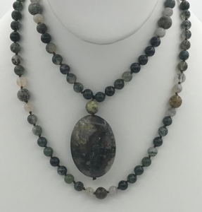 "Thermal Waters" Moss Agate, Moonstone & African Turquoise Accents, African Turquoise Guru, Rhyolite Pendant Mala