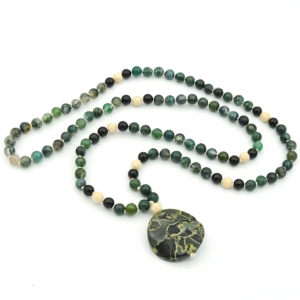 "Spherical Song" Moss Agate, Riverstone & Onyx Accents, Riverstone Guru, Jasper Pendant Mala