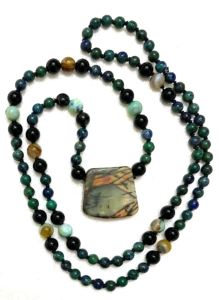 Azurite, Agate, Onyx, Red Creek Jasper Pendant Mala