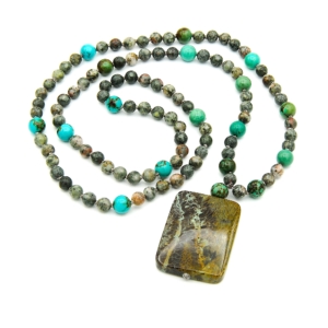 Anyolite (Ruby Zoisite), Turquoise Accents, Snakeskin Jasper Pendant Mala