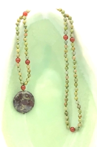 Emerald Forest Mala- Blue Goldstone, Opalite & Azurite Accents, Opalite Guru, Apatite Pendant