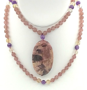 "Vernal Equinox" Strawberry Quartz, Amethyst & Citrine Accents, Amethyst Guru, Petrified Palm Pendant Mala