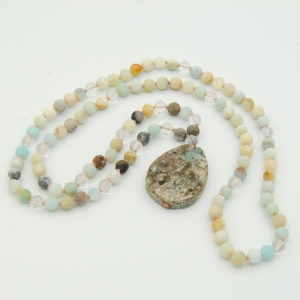 "Waterfalls" Amazonite, Clear Quartz Accents, Clear Quartz Guru, Ocean Jasper Pendant Mala