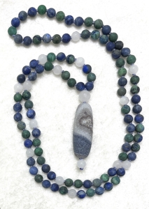 Azurite, White Jade, Agate Pendant Mala