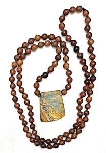 Wood-Light Brown, Red Creek Jasper Pendant Mala